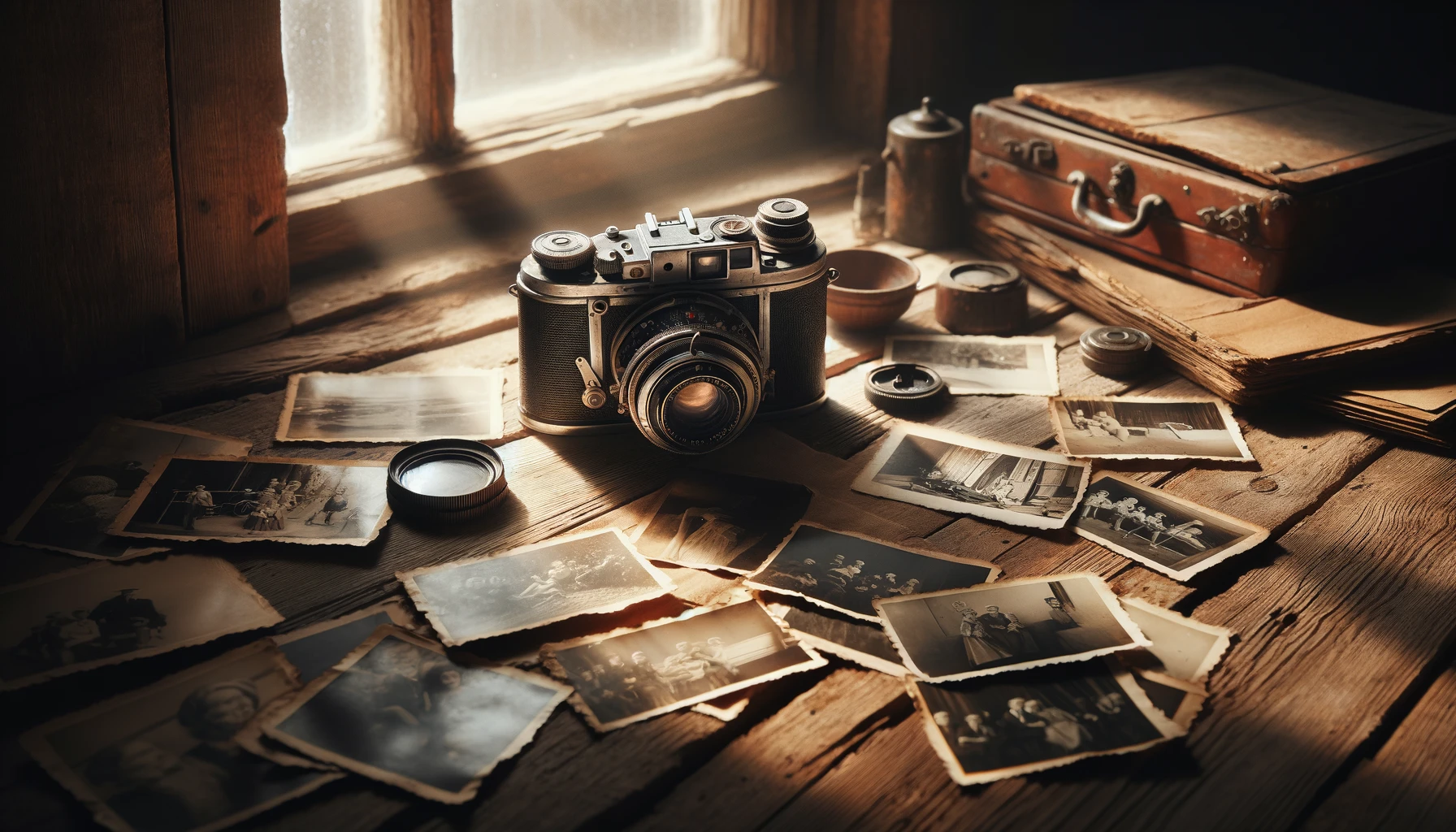 Illustratsioon, mis kujutab vintage kaamerat vanal puidust laual koos laiali puistatud must-valgete fotodega, on valmis. See stseen rõhutab fotograafia ajatut võlu ja võimet jäädvustada elu mälestusväärseid hetki.